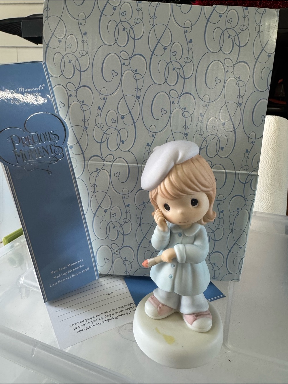 Precious Moments Light Blue Artist Girl Figurine with White Beret